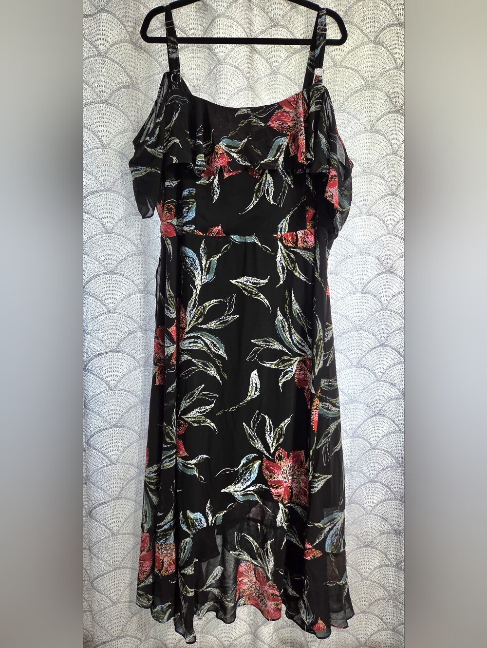 Avenue Size 26 Black Ruffle Midi Dress with Red Floral Print